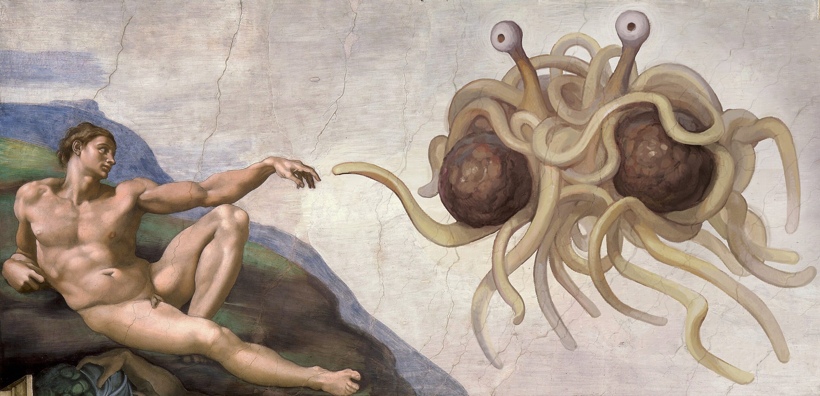 Adam awaits lazily on a hillside, reaching out his hand to the Flying Spaghetti Monster, reaching out its noodly appendage to give Adam life.